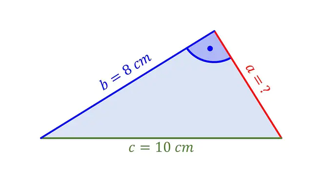Das Bild zeigt ein Dreieck mit den bekannten Seitenlängen b gleich acht Zentimeter und c gleich zehn Zentimeter sowie einem markierten Innenwinkel, wobei die fehlende Seite a bestimmt werden soll.