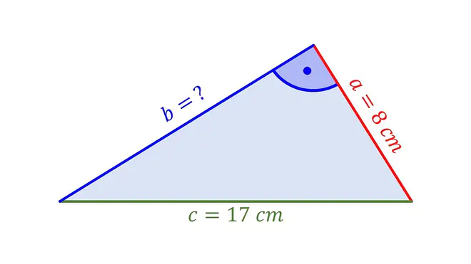 Das Bild zeigt ein Dreieck mit den bekannten Seitenlängen a gleich acht Zentimeter und c gleich siebzehn Zentimeter sowie einem markierten Innenwinkel, während die fehlende Seite b berechnet werden soll.