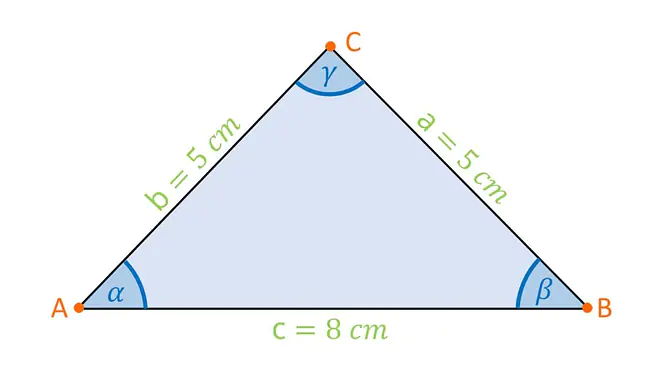Das Bild zeigt ein gleichschenkliges Dreieck, bei dem die Seiten a und b jeweils fünf Zentimeter lang sind und die Seite c acht Zentimeter misst.