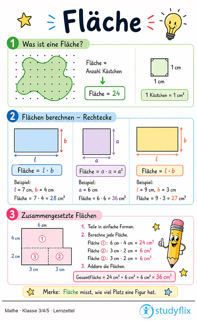 Das Bild zeigt einen Lernzettel, auf dem alles wichtige zu dem Thema Fläche dargestellt ist. Für Schüler der Klasse 3/4/5.