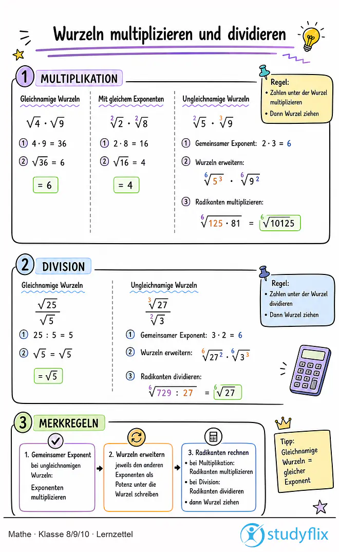 Das Bild zeigt einen Lernzettel, auf dem alles wichtige zu dem Thema Wurzeln multiplizieren und dividieren dargestellt ist. Für Schüler der Klasse 8/9/10.