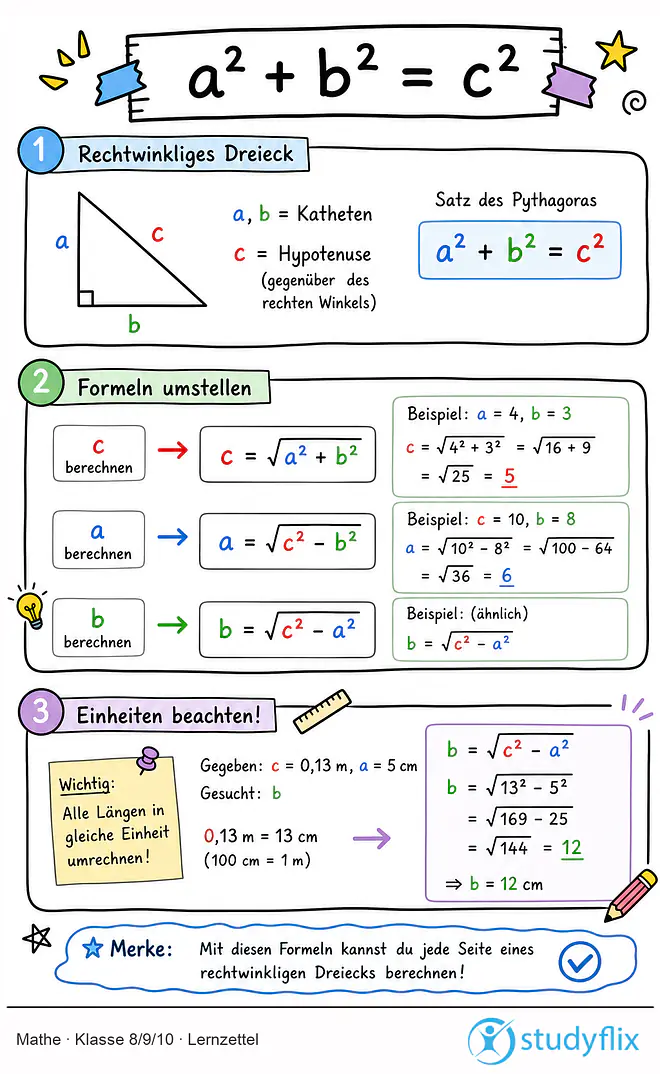 Das Bild zeigt einen Lernzettel, auf dem alles wichtige zu dem Thema a² + b² = c² dargestellt ist. Für Schüler der Klasse 8/9/10.