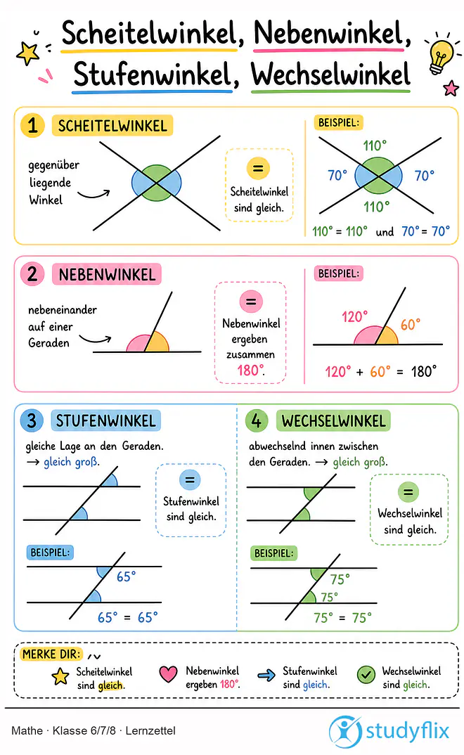 Das Bild zeigt einen Lernzettel, auf dem alles wichtige zu dem Thema Scheitelwinkel, Nebenwinkel, Stufenwinkel, Wechselwinkel dargestellt ist. Für Schüler der Klasse 6/7/8.