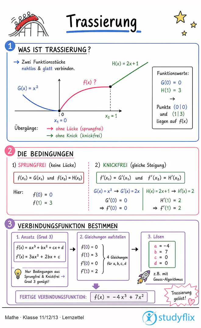 Das Bild zeigt einen Lernzettel, auf dem alles wichtige zu dem Thema Trassierung dargestellt ist. Für Schüler der Klasse 11/12/13.